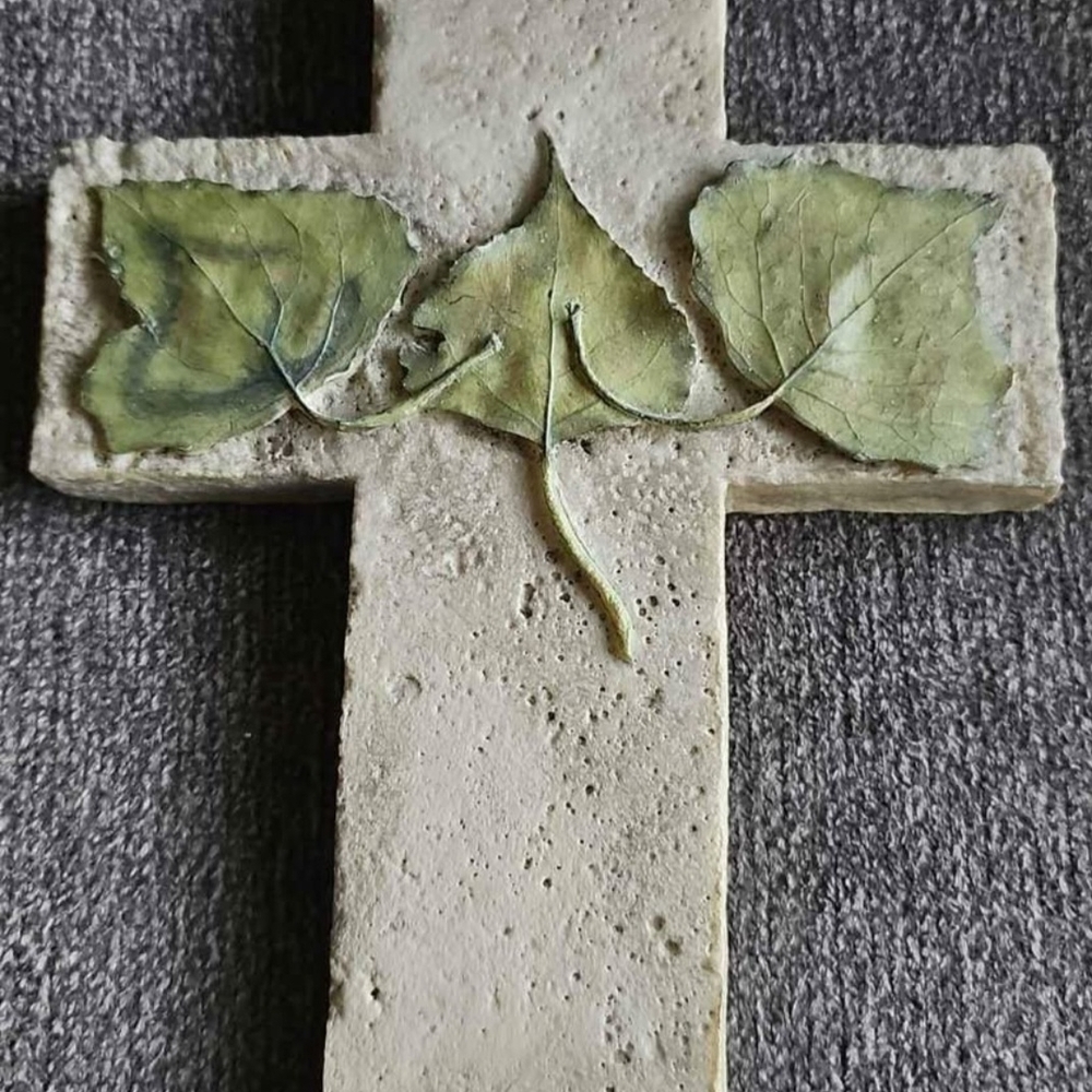 Leaf-Embellished Tan Cross Wall Art